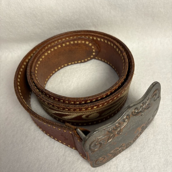 SOLD VTG Ralph Lauren Leather Belt sz S Brown Leather Embroidered Metal Plaque - Picture 7 of 14
